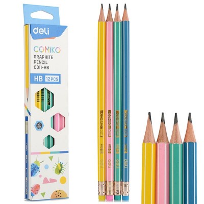 Карандаш чернографит. Comiko HB шестигран. липа, ластик, коробка картонная