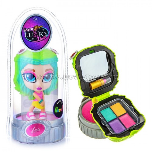 Instaglam Lukky Doll Кукла Нина неон 12 см с 2 аппликаторами и косметикой внутри:2 тени д.век,2 блеск д.губ,помада,кор.ПВХ