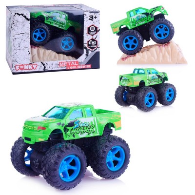 Инерционная зеленая die-cast машинка пикап с синими колесами и краш-эффектом, 14,5 см